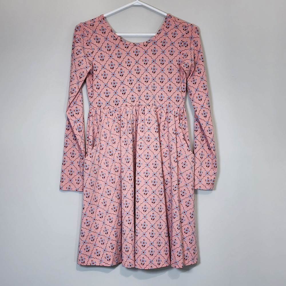 Hanna Andersson Floral Long Sleeve Dress Girls 12 Pink Cotton Skater Modest Fall